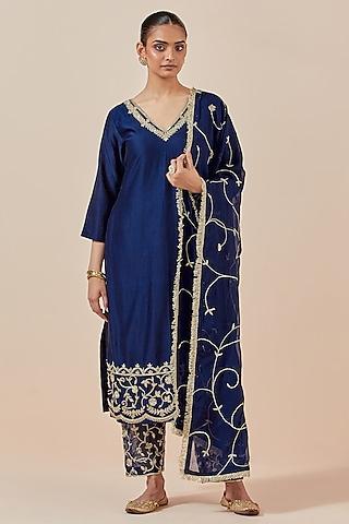 blue chanderi silk embroidered kurta set