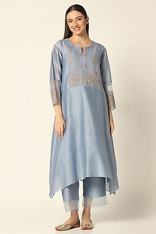 blue chanderi silk embroidered kurta set