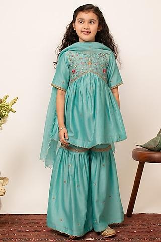 blue chanderi silk embroidered sharara set for girls