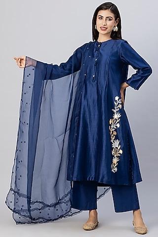 blue chanderi silk foil printed kurta set