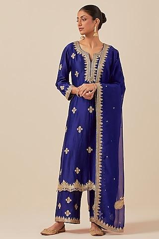 blue chanderi silk hand embroidered kurta set