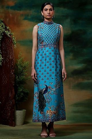 blue chanderi silk printed maxi dress