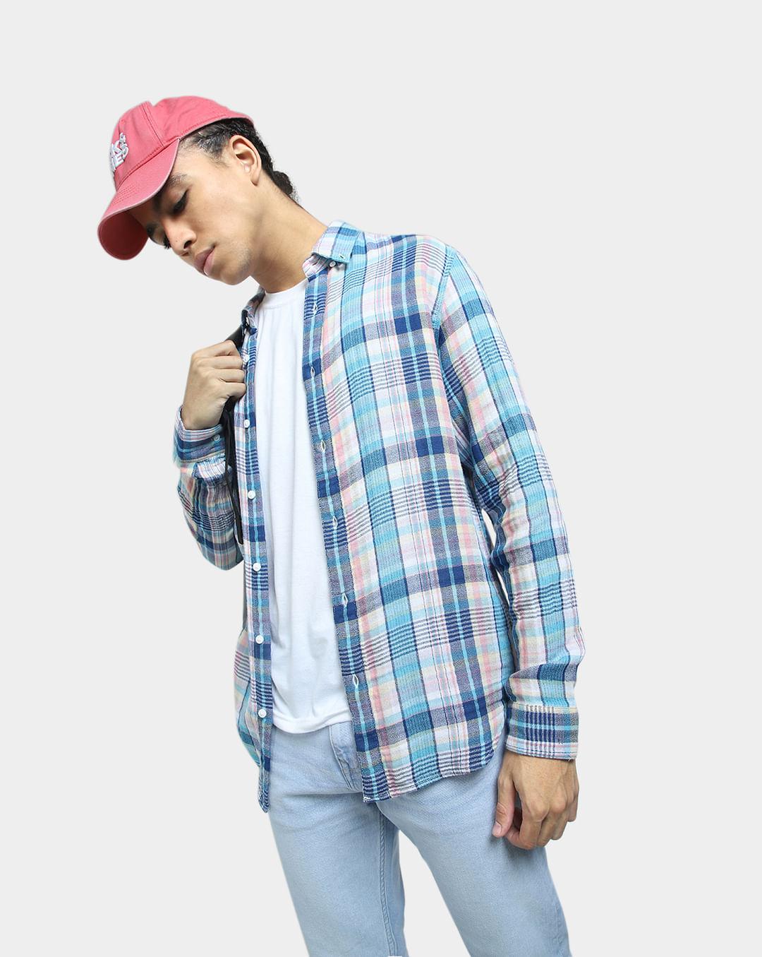 blue check print full sleeves shirt