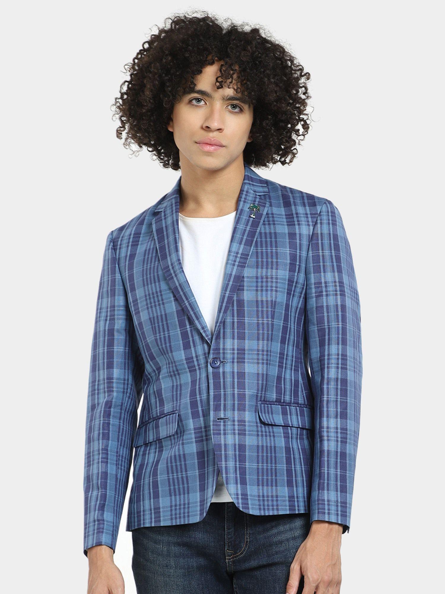 blue check print linen blazer