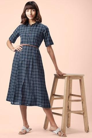 blue check regular collar casual full length half sleeves women regular fit dress