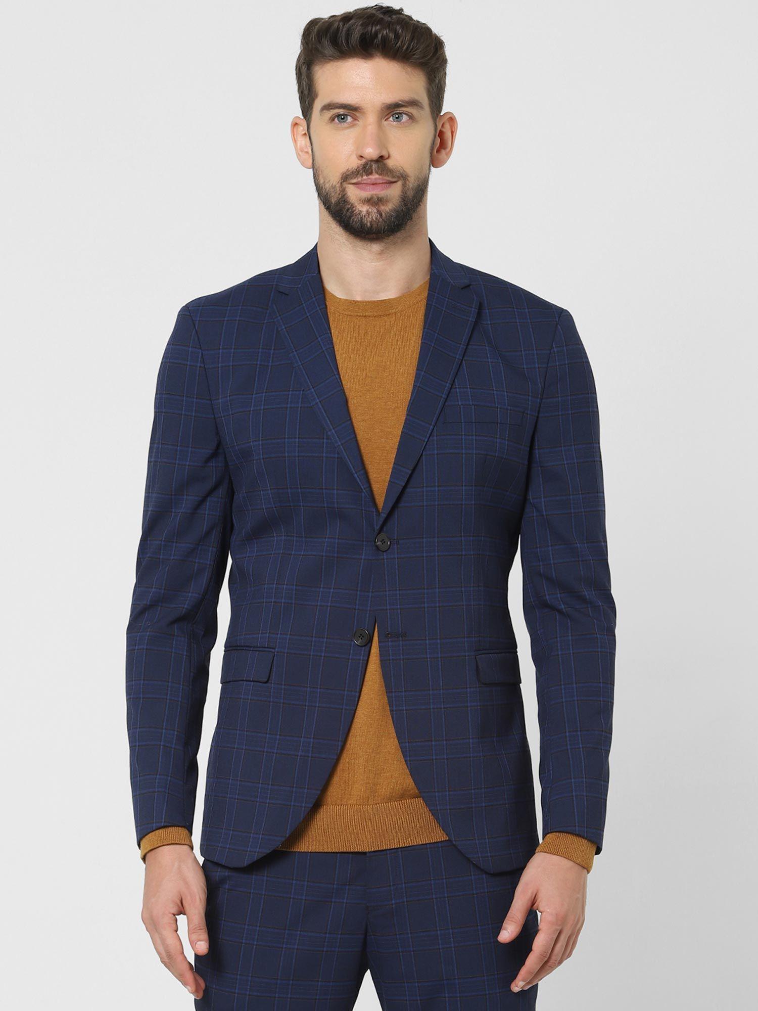 blue check slim fit suit blazer
