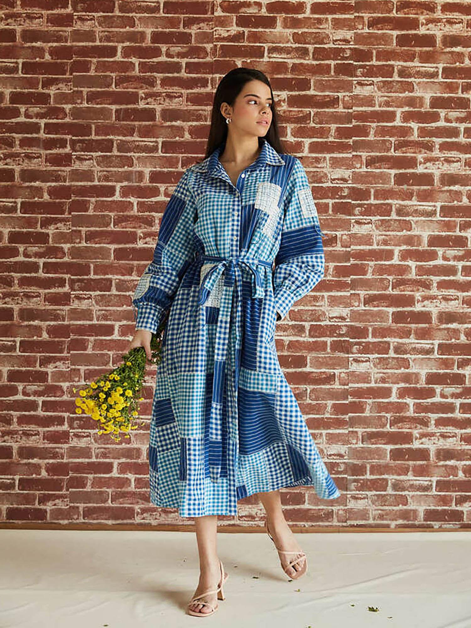 blue check spliced cotton shirt dress