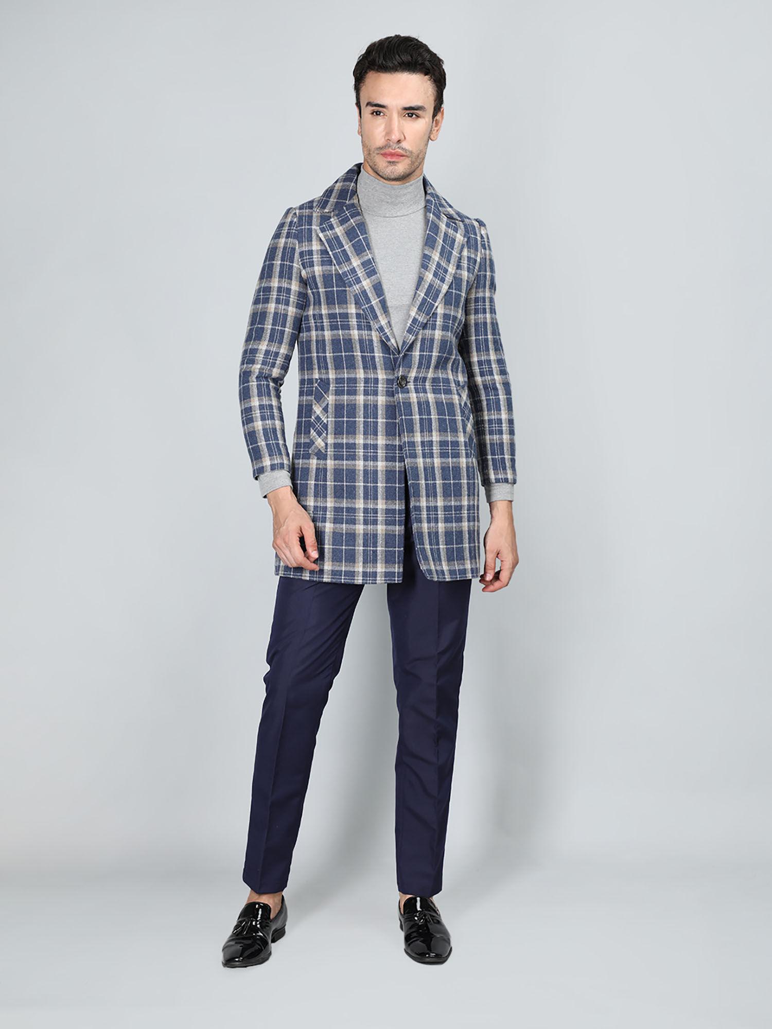 blue checked peaked lapel coats