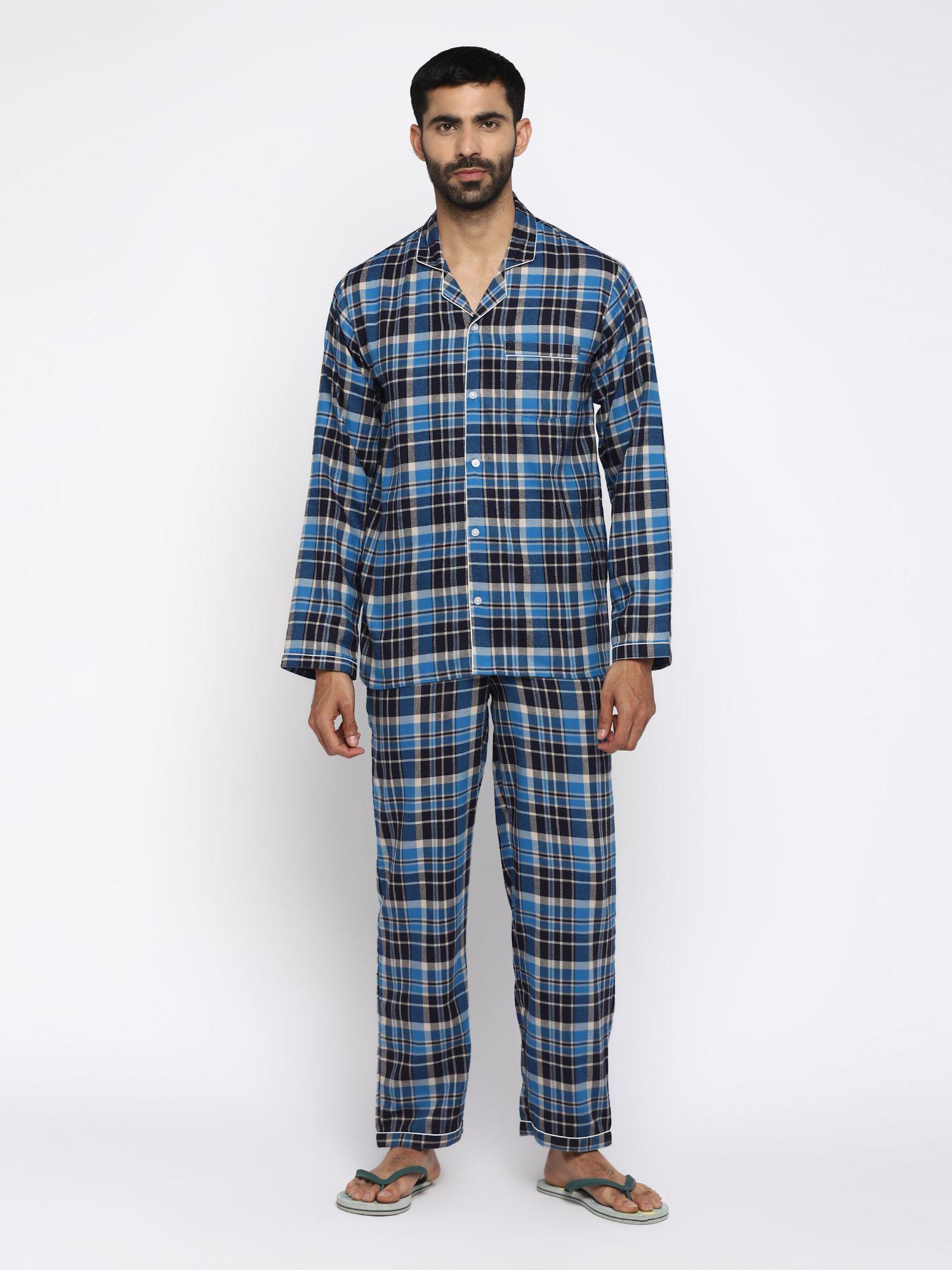 blue checkered print cotton flannel long sleeve mens night suit