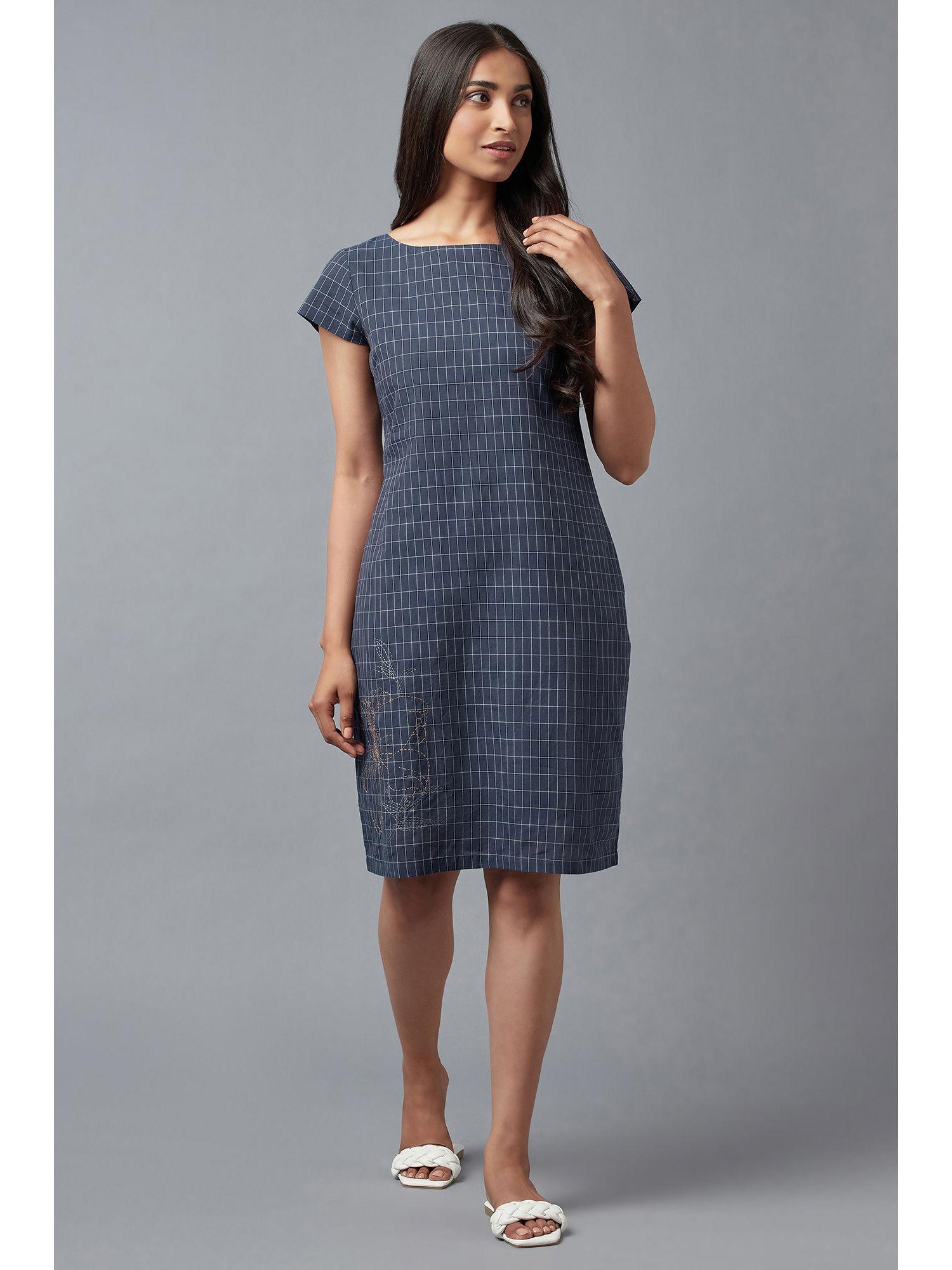 blue checks dress