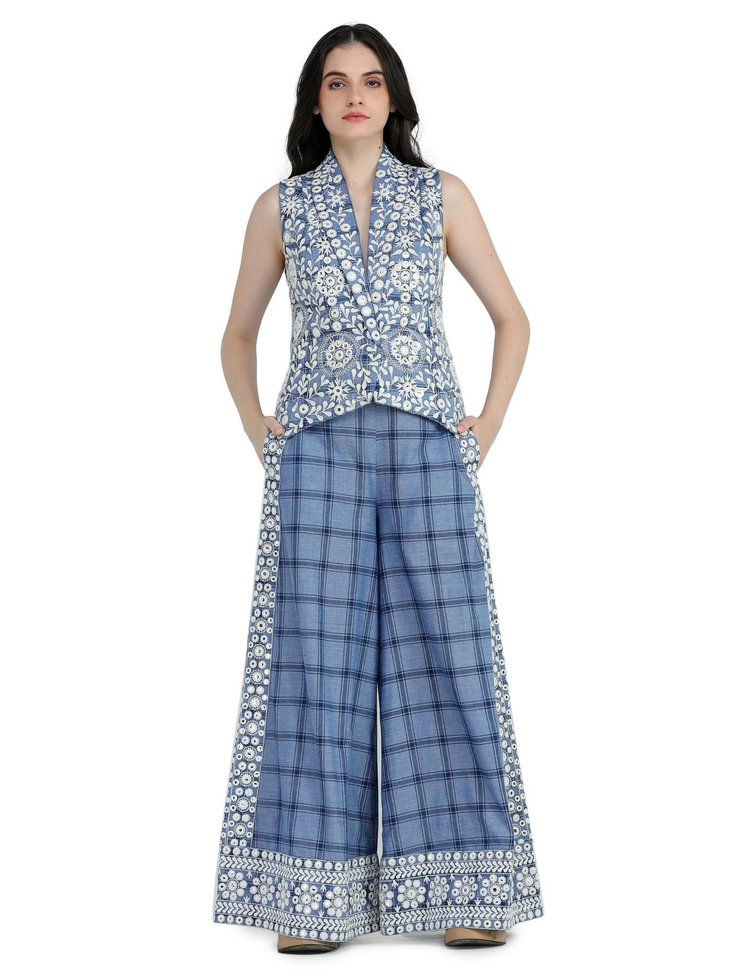 blue checks embroidered waist coat