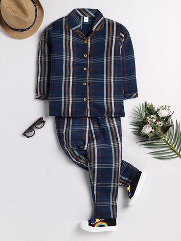 blue checks full sleeve night suit (set of 2)