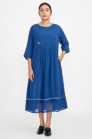 blue chiffon & linen handcrafted midi dress