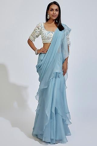 blue chiffon & organza ruffled draped saree set