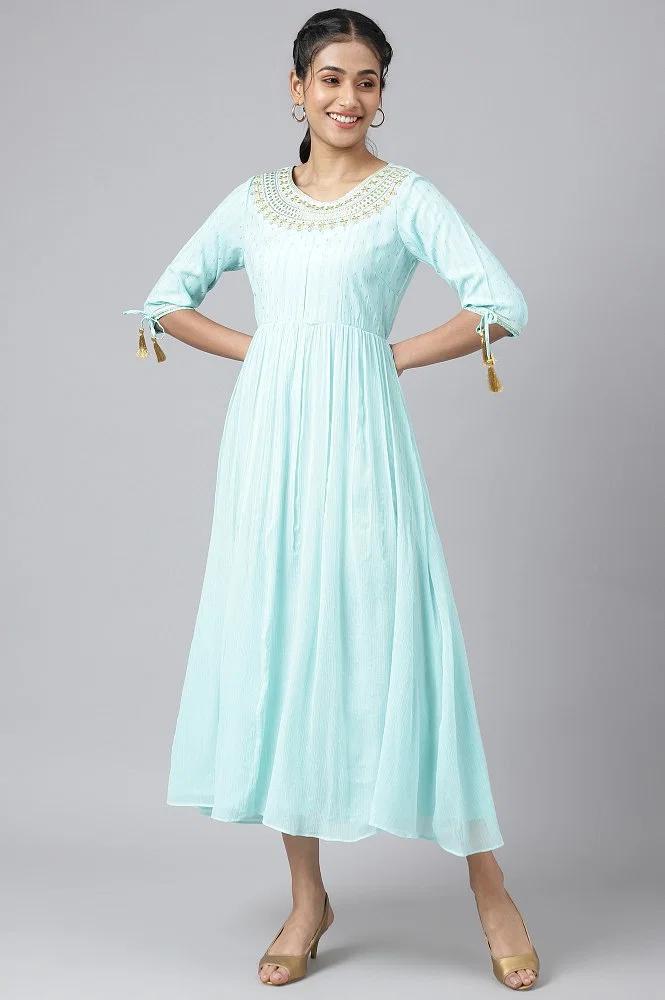 blue chiffon dress with gold embroidery