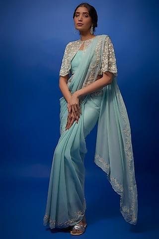 blue chiffon embroidered poncho saree set