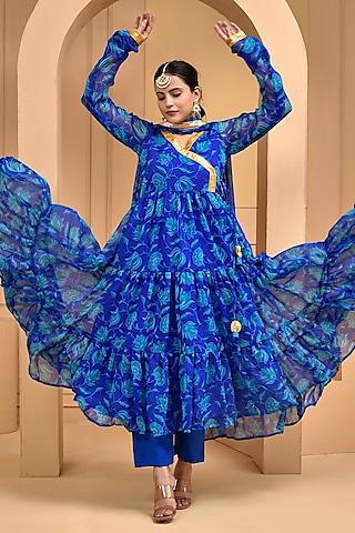 blue chiffon floral printed & gota lace work layered anarkali set