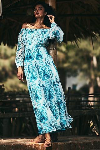 blue chiffon off-shoulder maxi dress