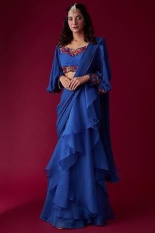 blue chiffon organza draped saree set