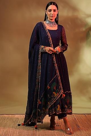 blue chiffon paneled anarkali set