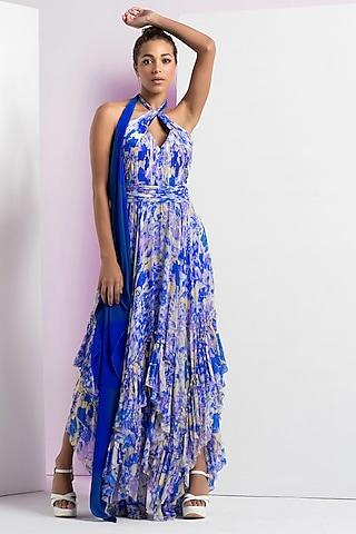 blue chiffon printed asymmetrical frilled dress