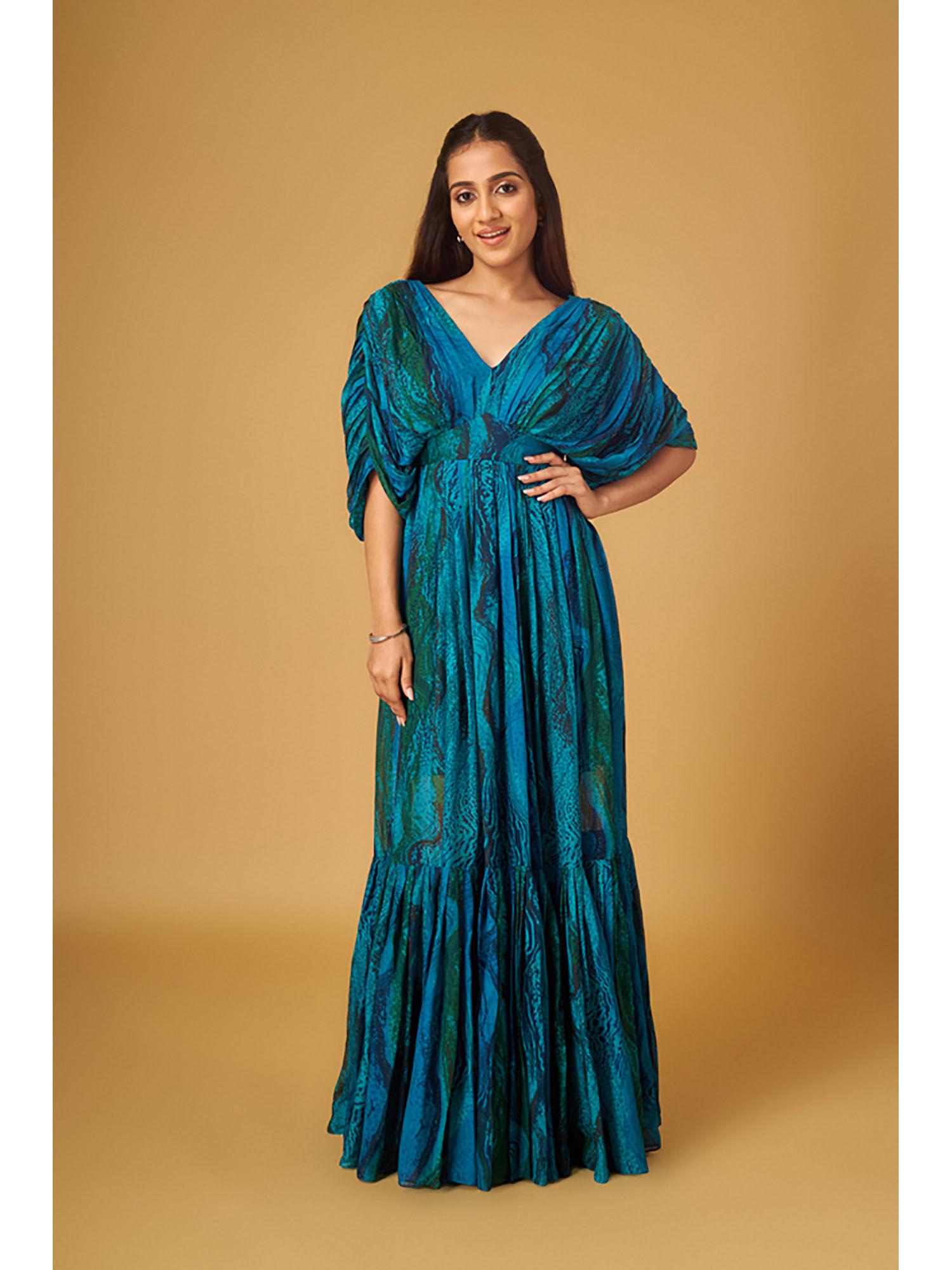 blue chiffon printed gown
