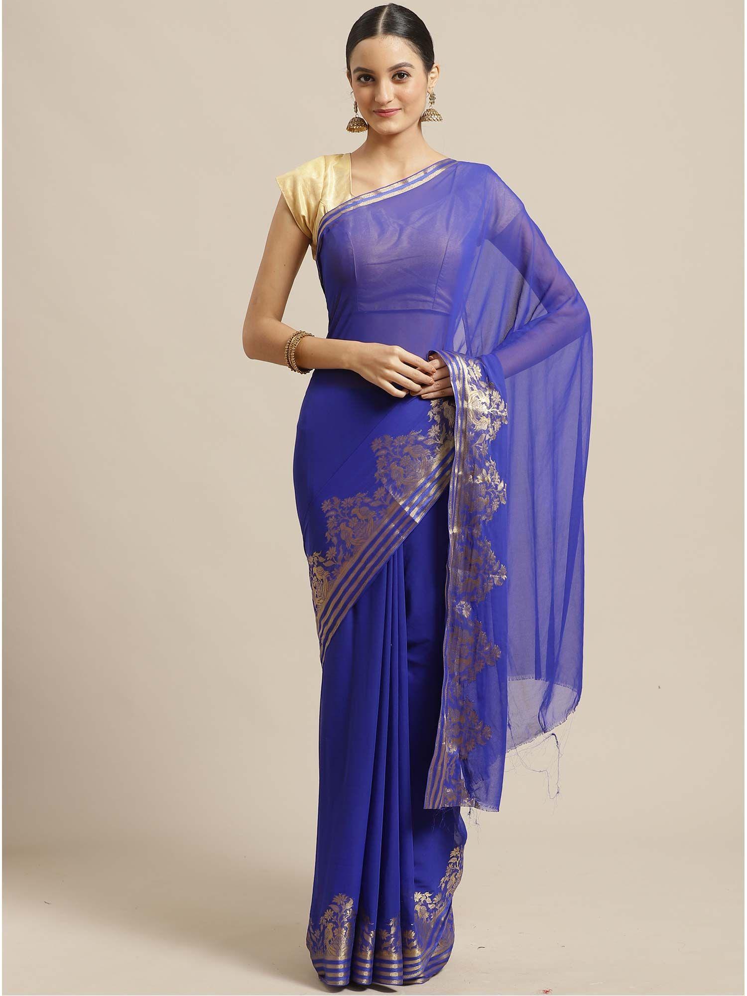 blue chiffon saree with unstitched blouse
