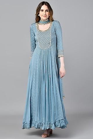 blue chikankari anarkali set