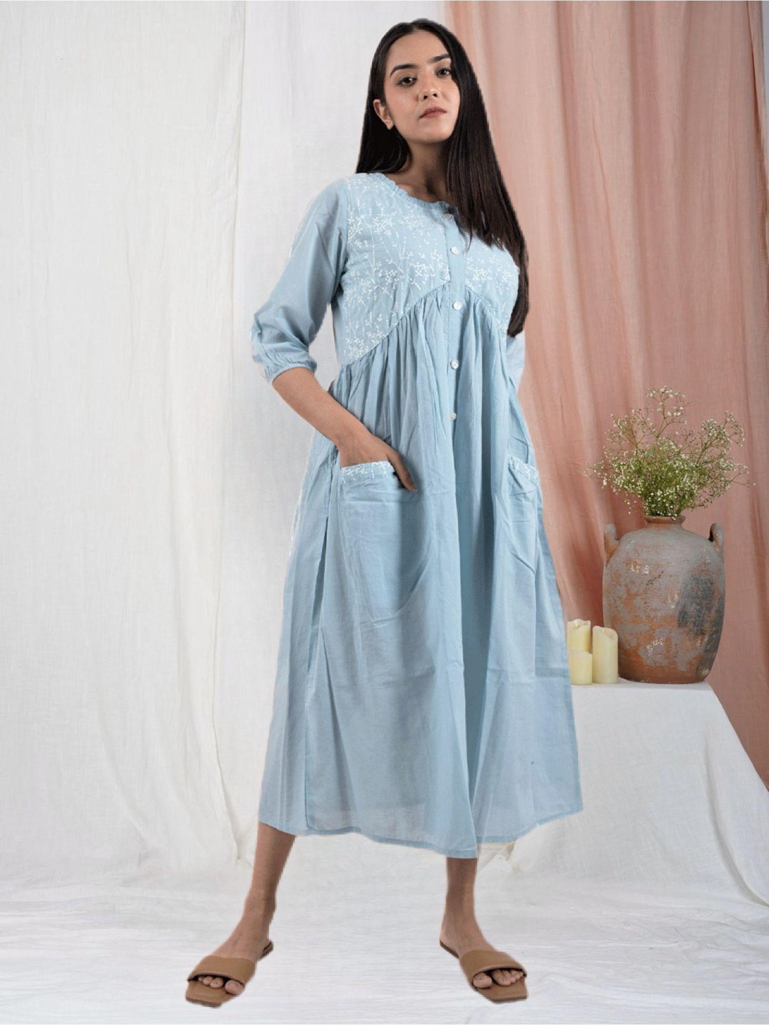 blue chikankari cotton dress