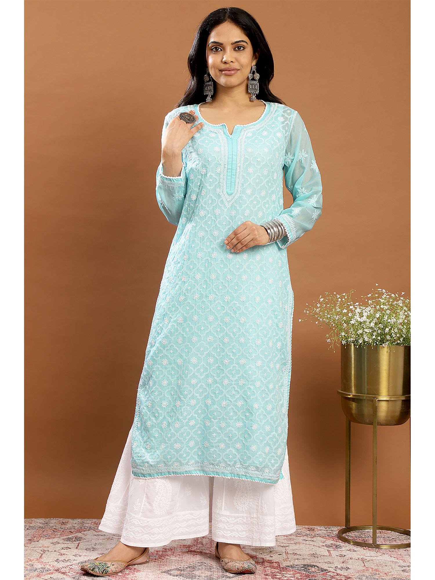 blue chikankari mul cotton designer kurta with slip (set of 2)