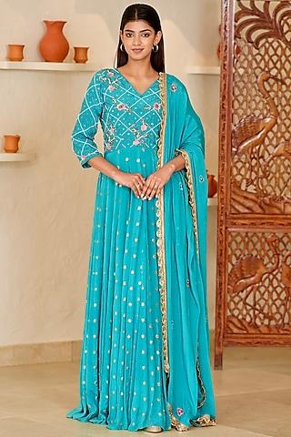 blue chinon beads embellished anarkali set