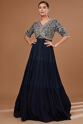 blue chinon georgette & bemberg silk embroidered tiered gown