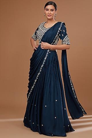 blue chinon georgette cutdana embroidered draped lehenga saree set