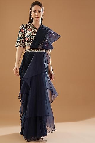 blue chinon georgette ruffled draped saree set