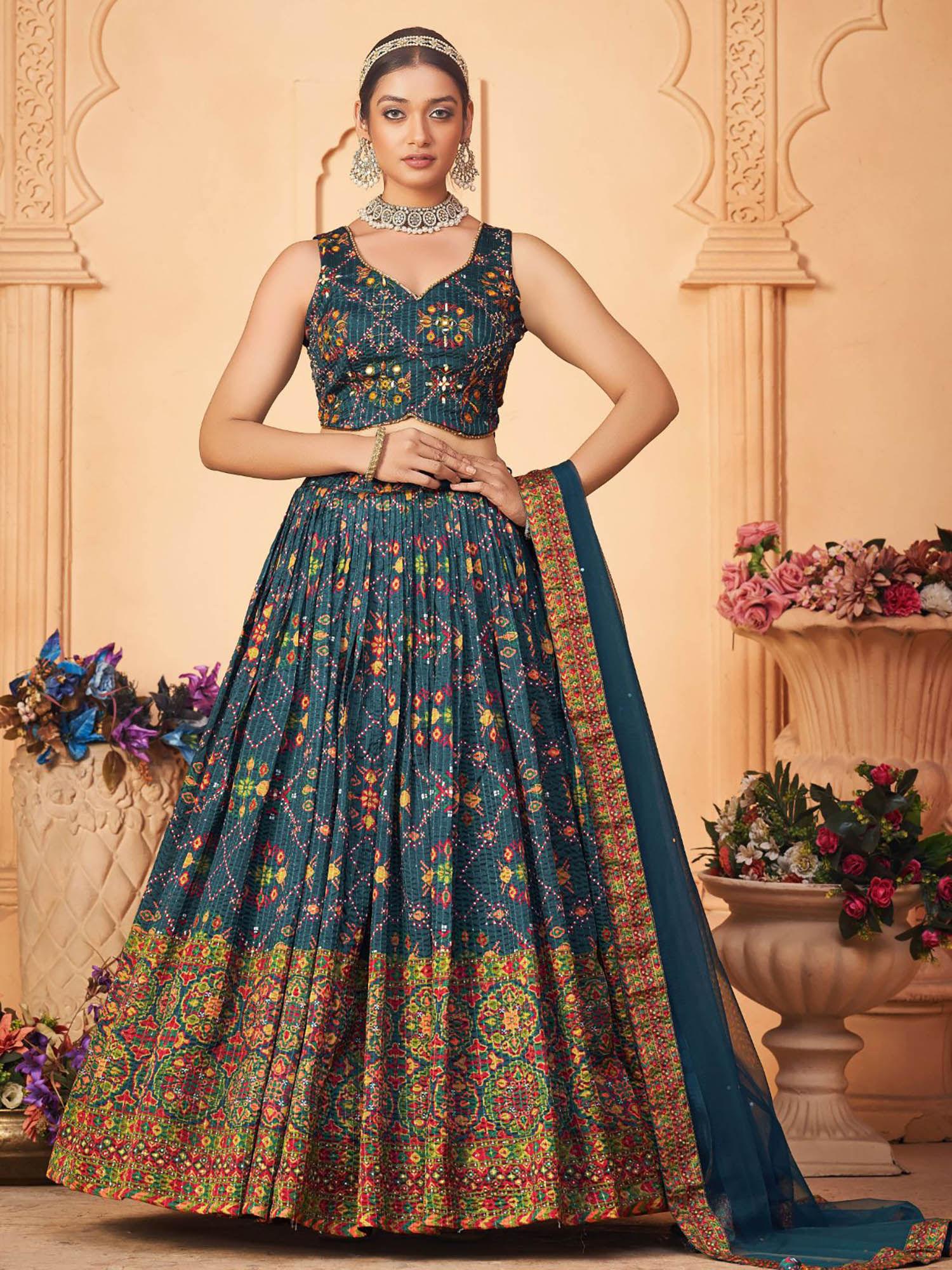 blue chinon printed stitched lehenga with choli & dupatta (set of 3)