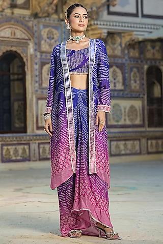 blue chinon silk bandhani printed ombre cape set