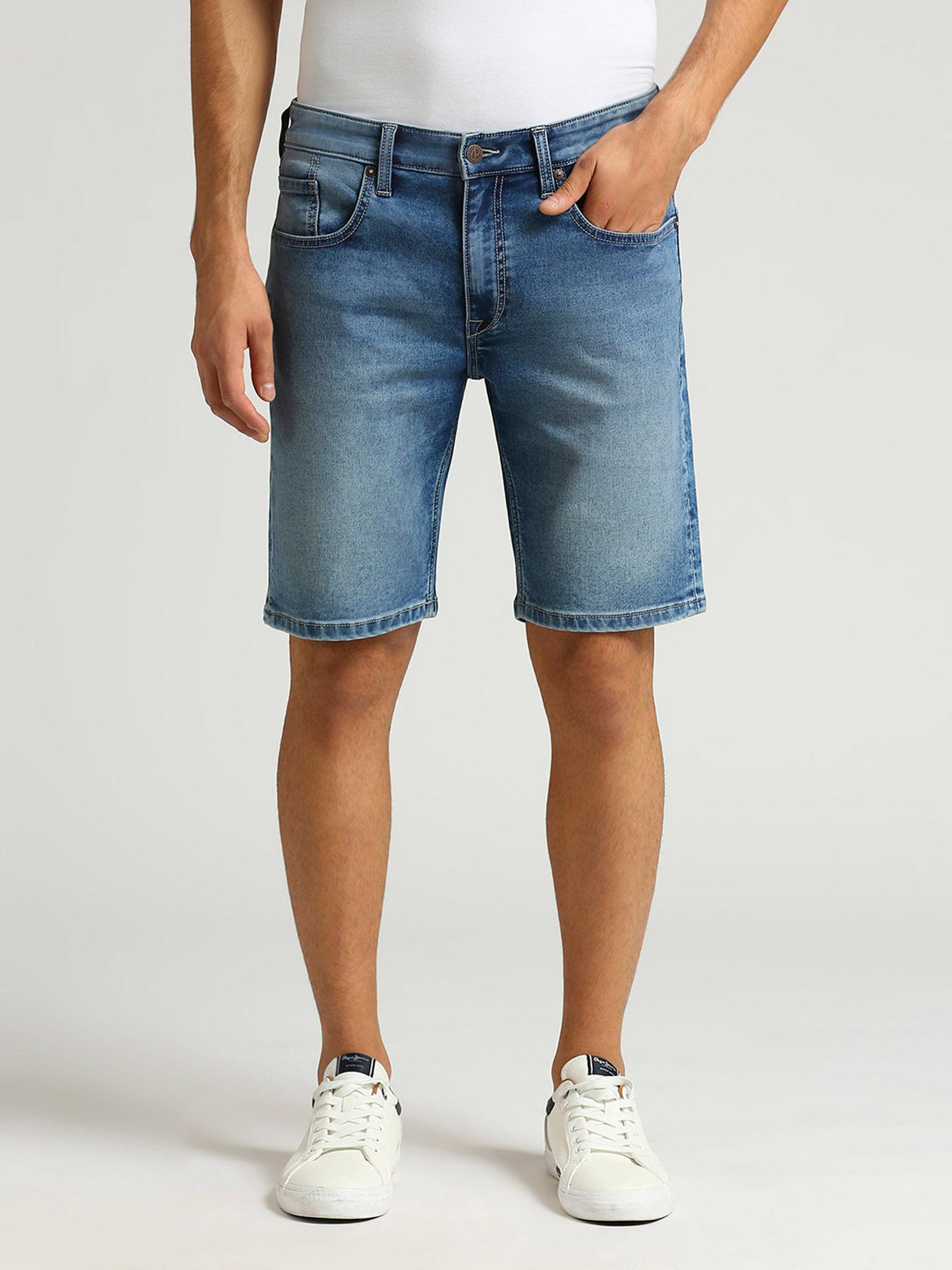 blue chinox regular fit mid waist denim shorts