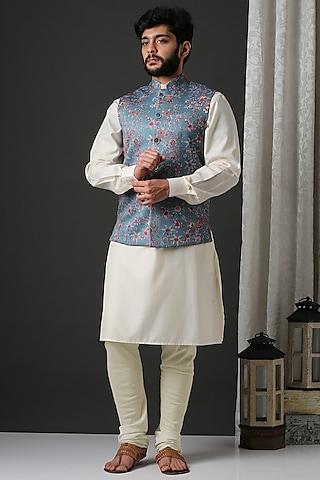 blue classic printed nehru jacket