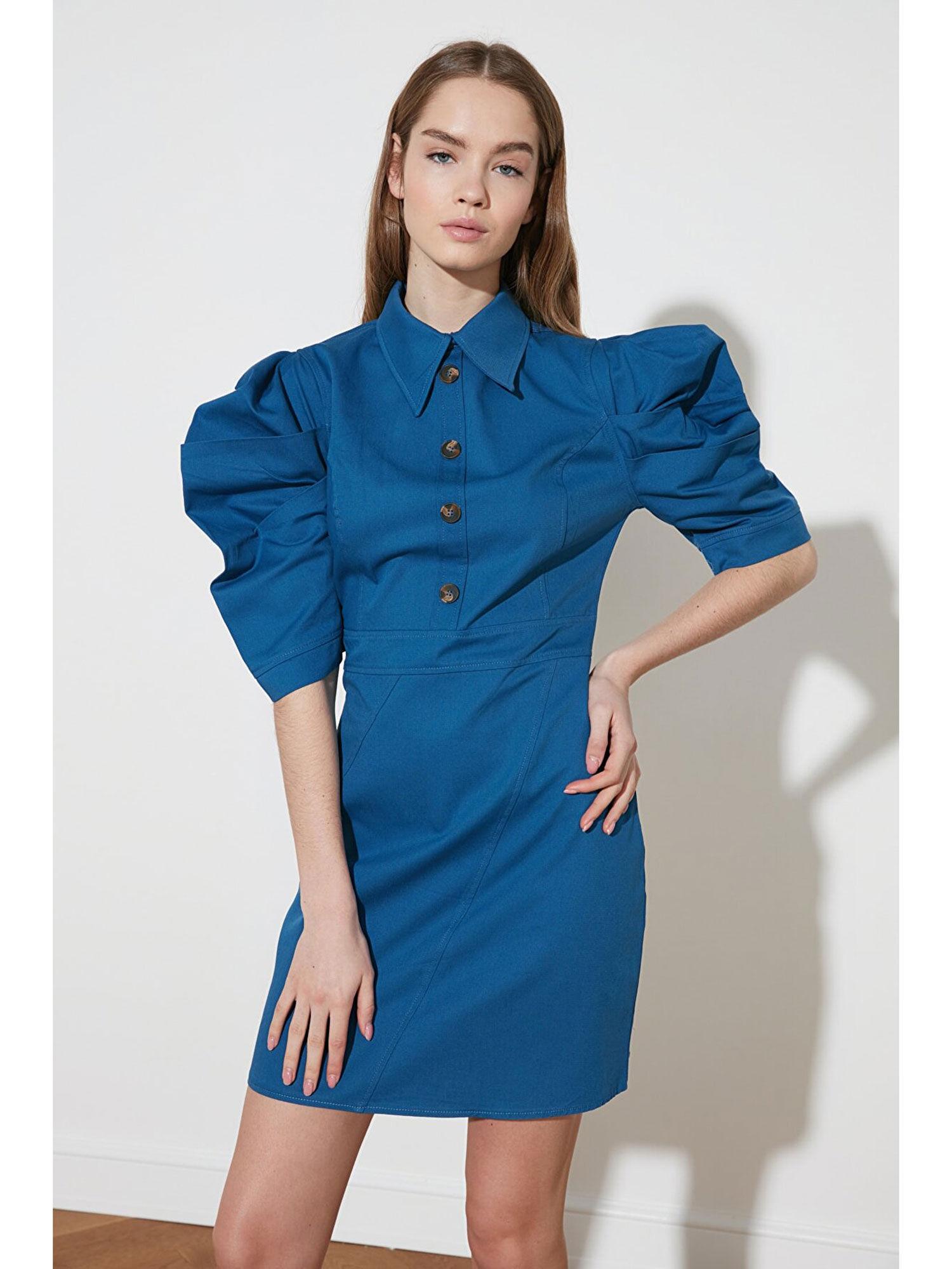 blue collar neck balloon sleeves mini dress