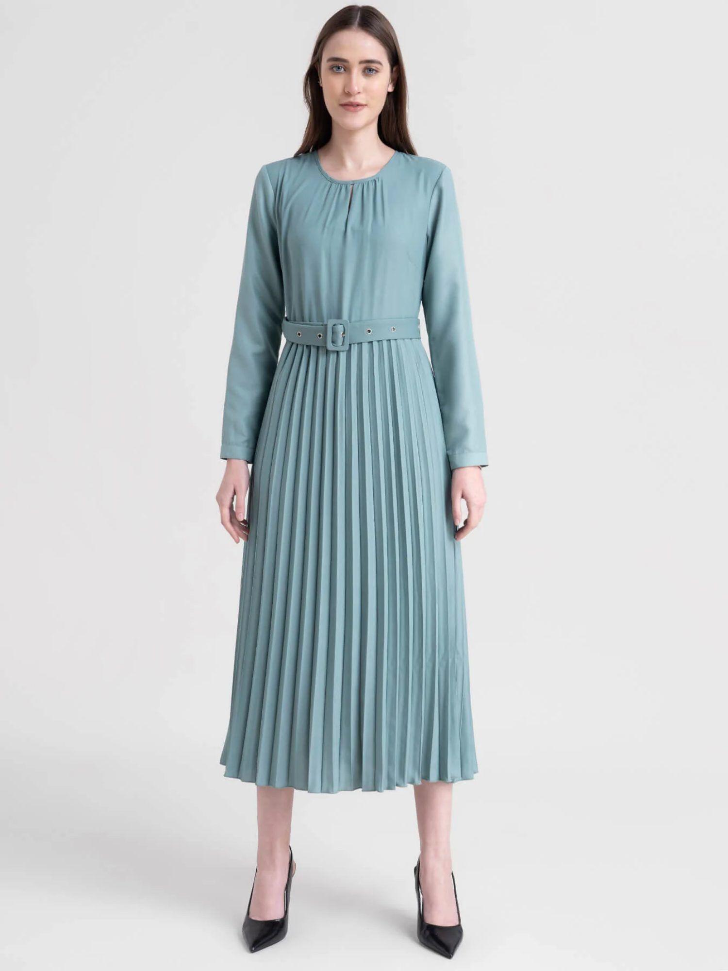 blue collared a-line pleated dress