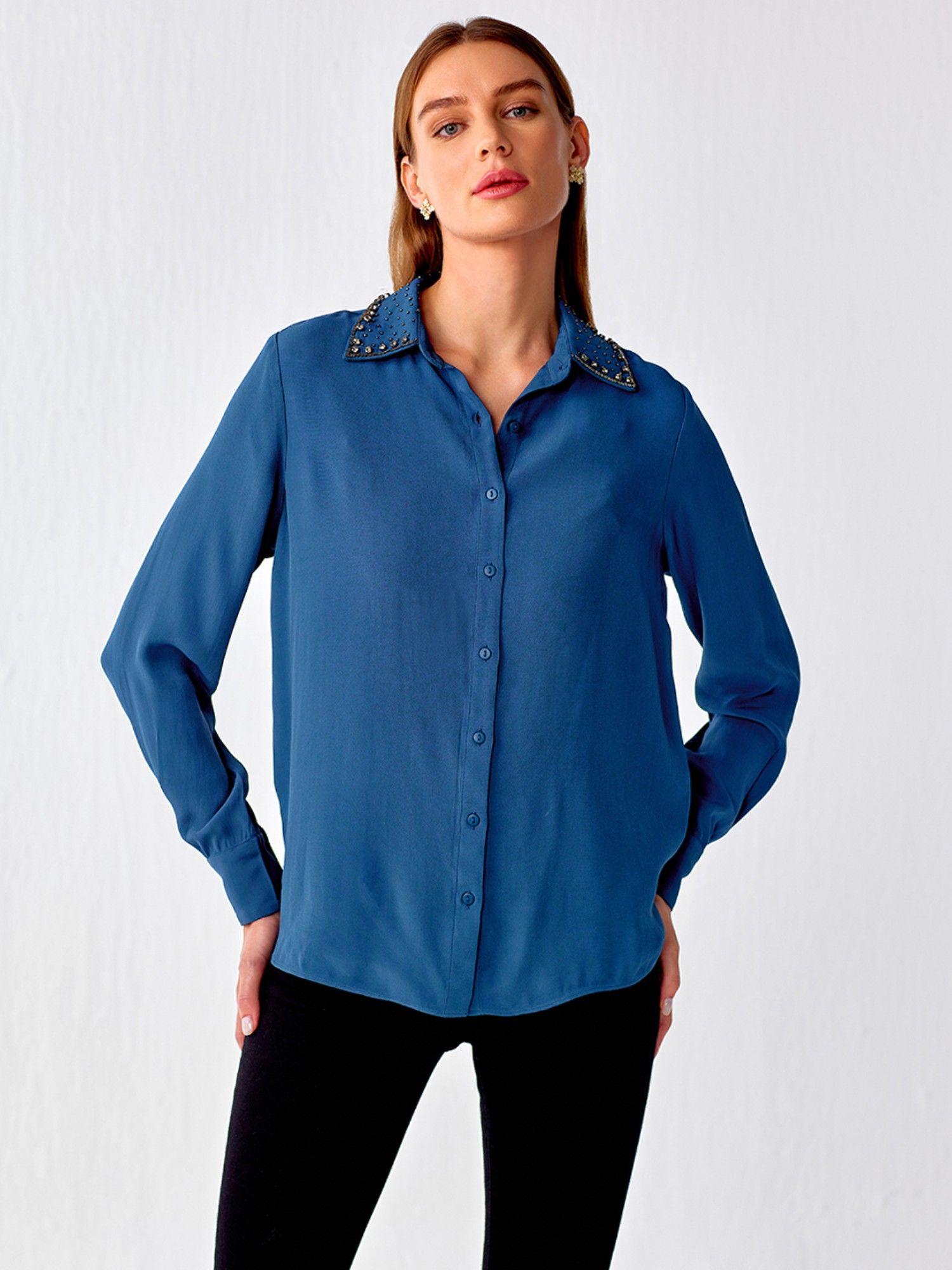 blue collared shirt