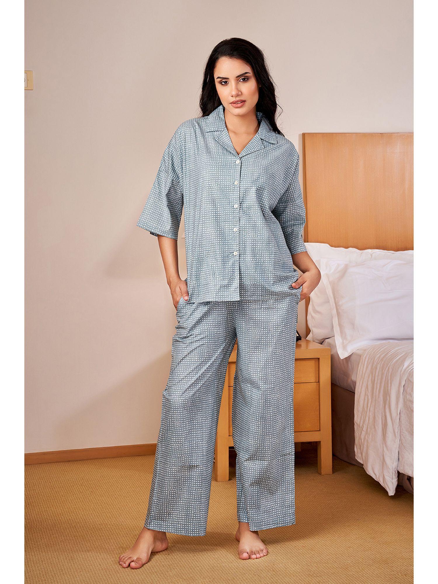 blue color printed women pure cotton shirt & pyjama night suit (set of 2)