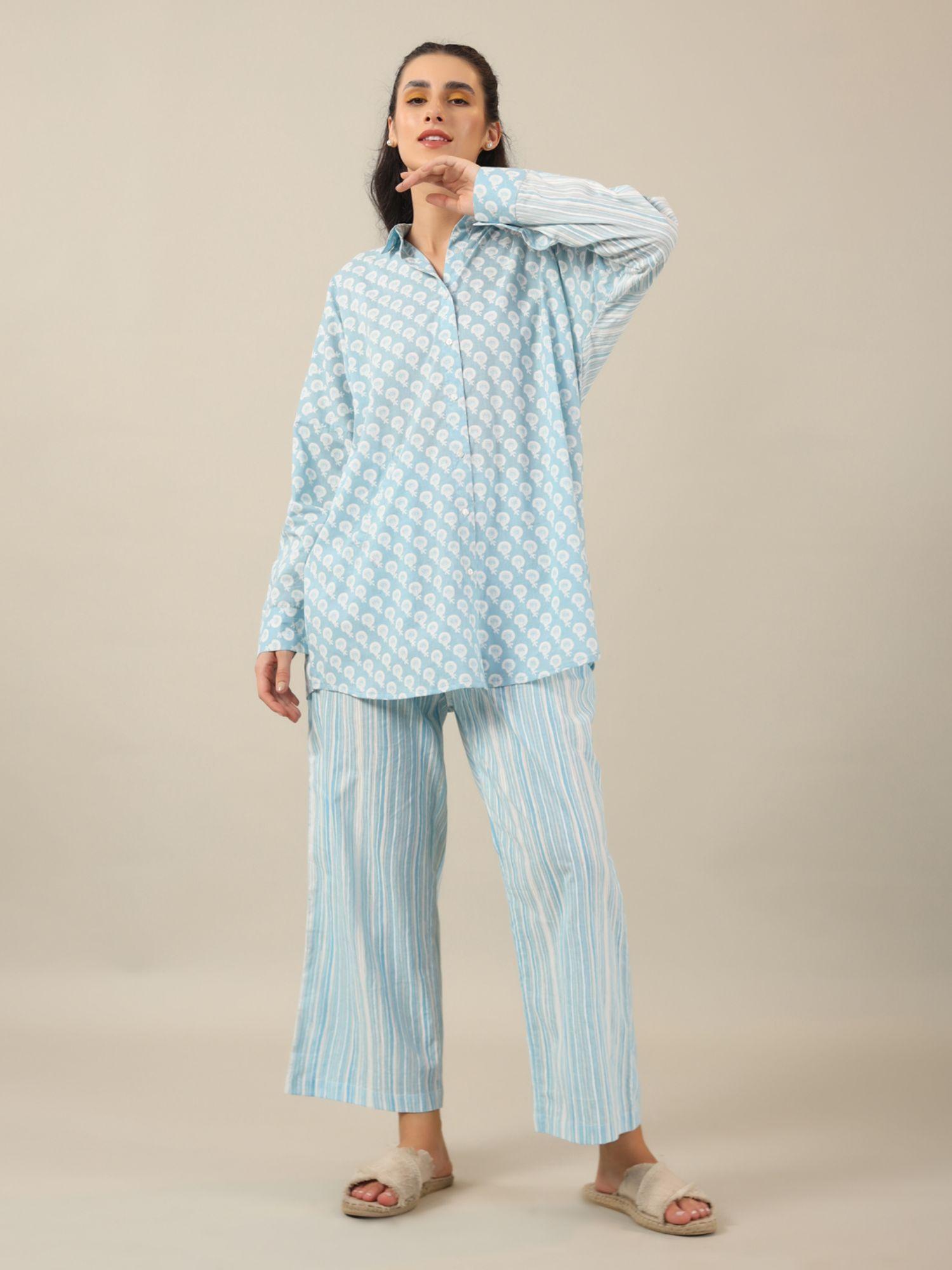 blue color printed women pure cotton shirt & pyjama night suit (set of 2)