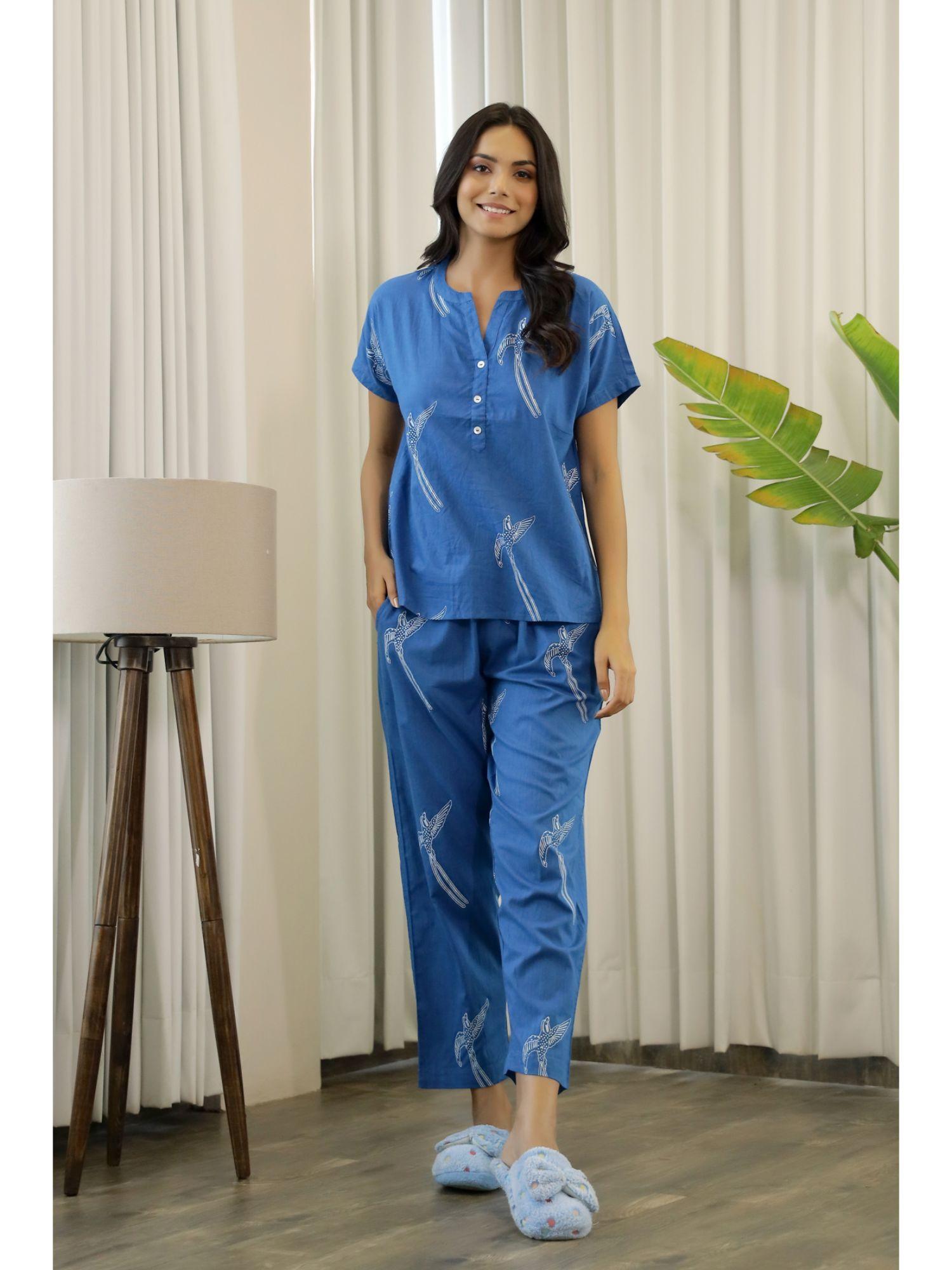 blue color printed women pure cotton top & pyjama night suit (set of 2)