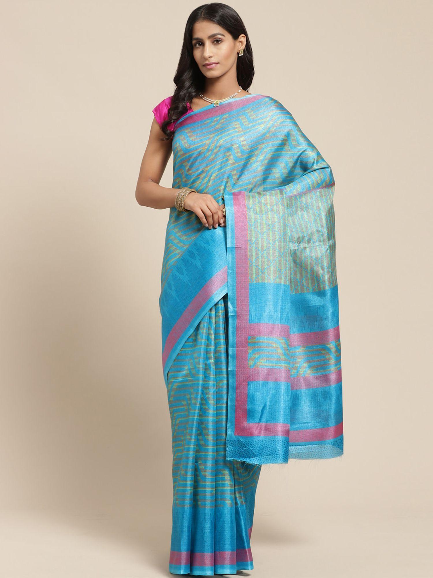 blue color self design art silk style women's saree with unstitched blouse