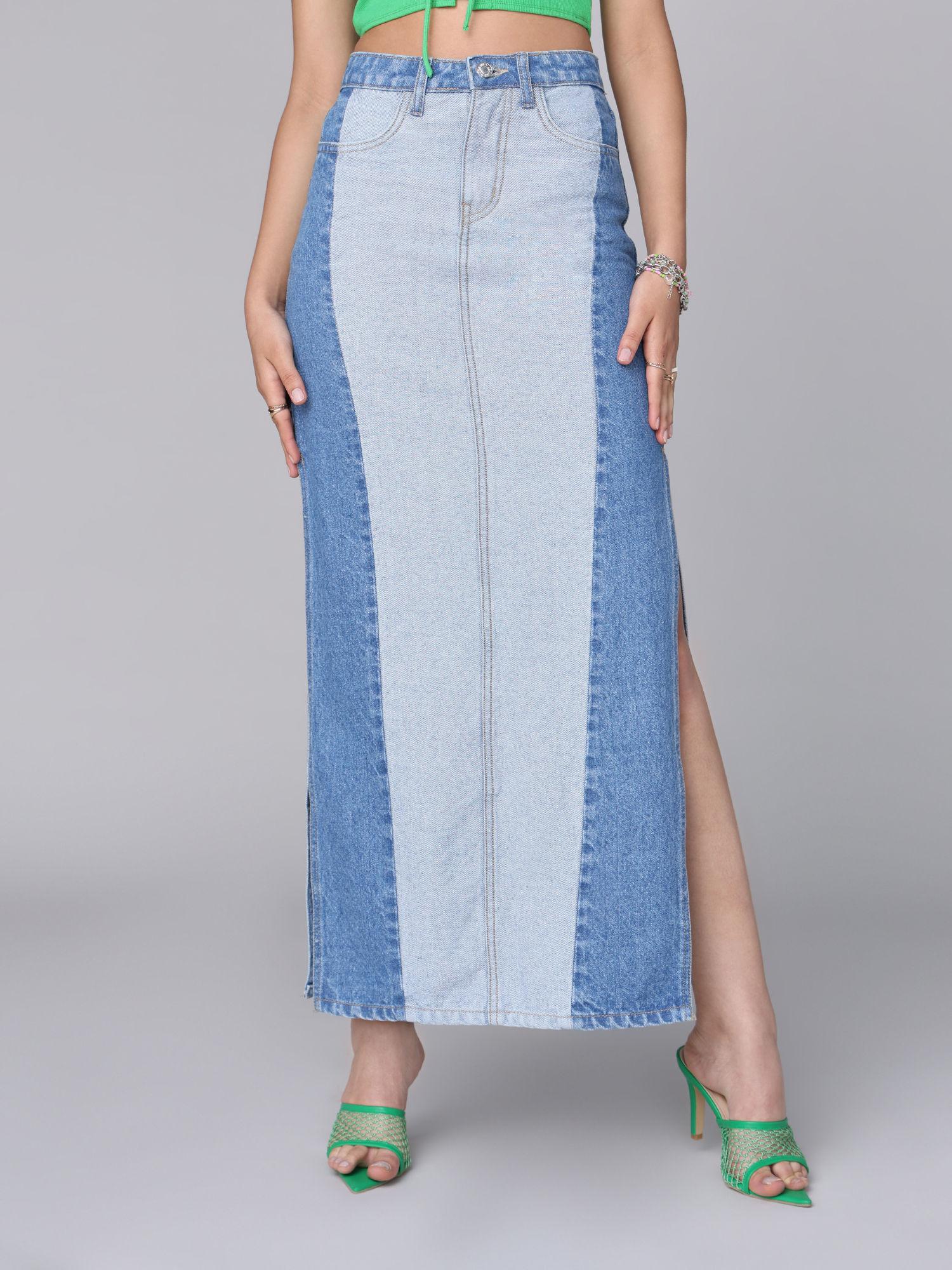 blue colorblock high waist column denim maxi skirt