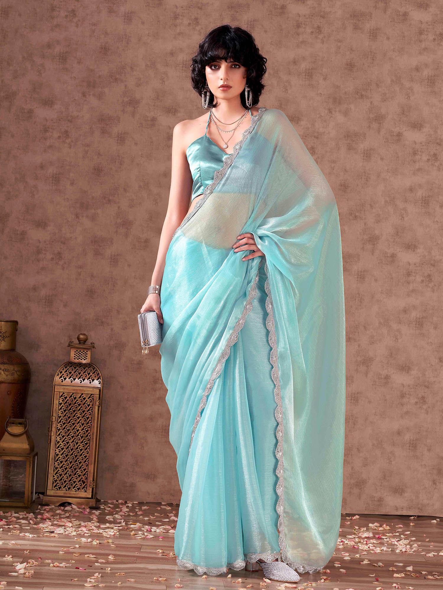 blue colored shimmer chiffon embellished lace saree with unstitched blouse