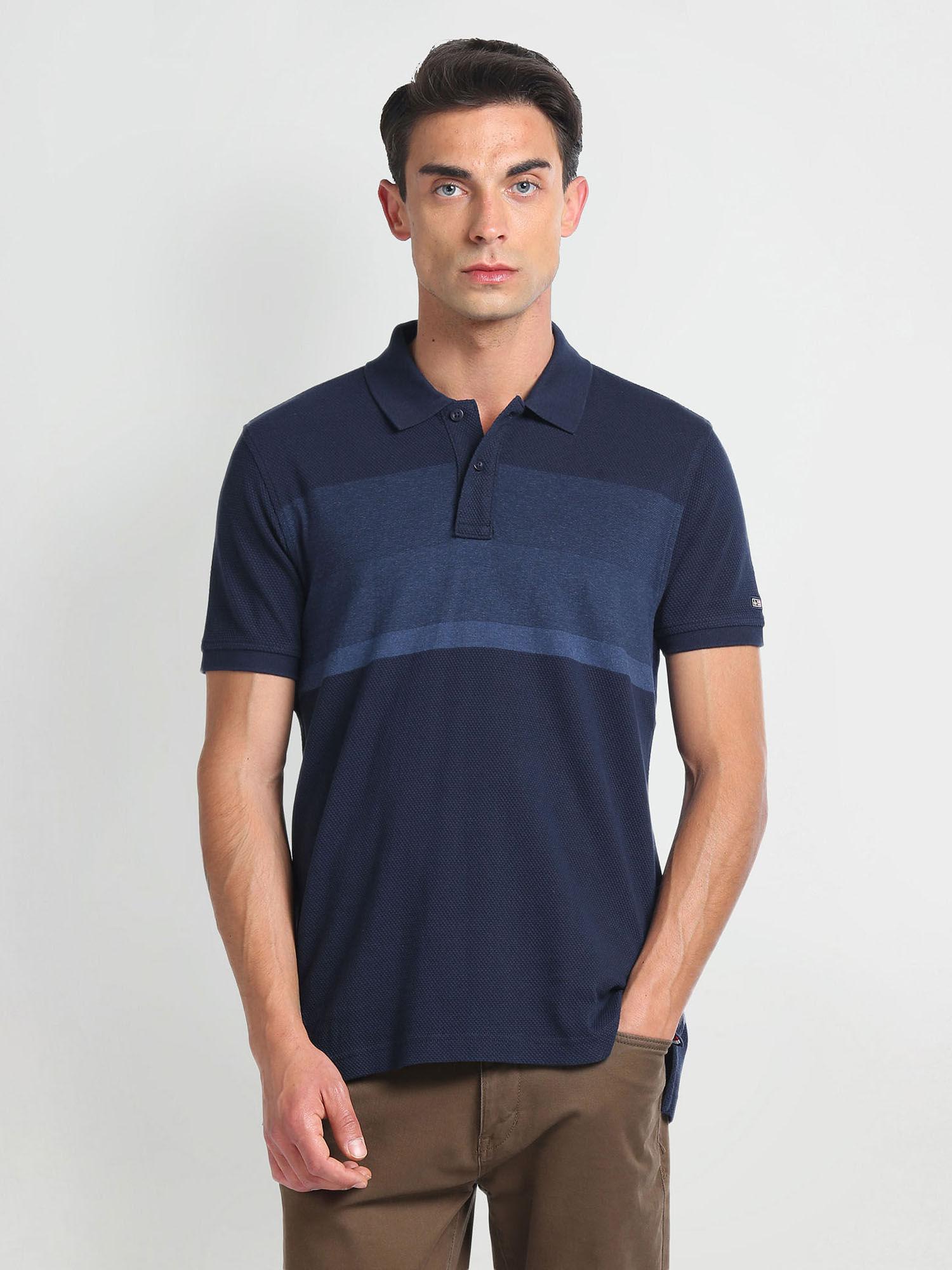 blue colour block cotton polo t-shirt