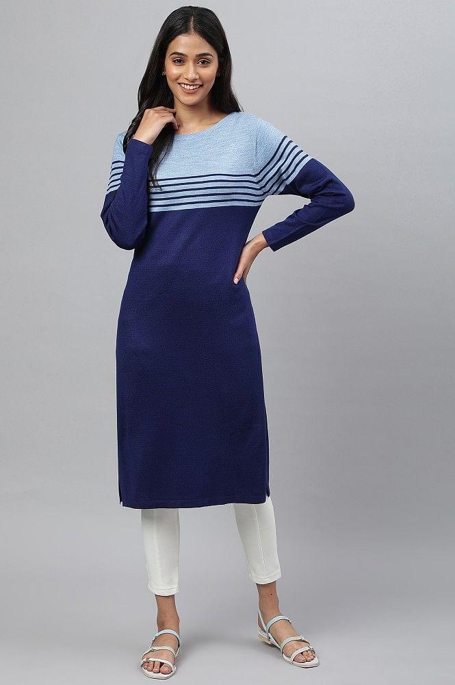 blue colour blocked winter kurta