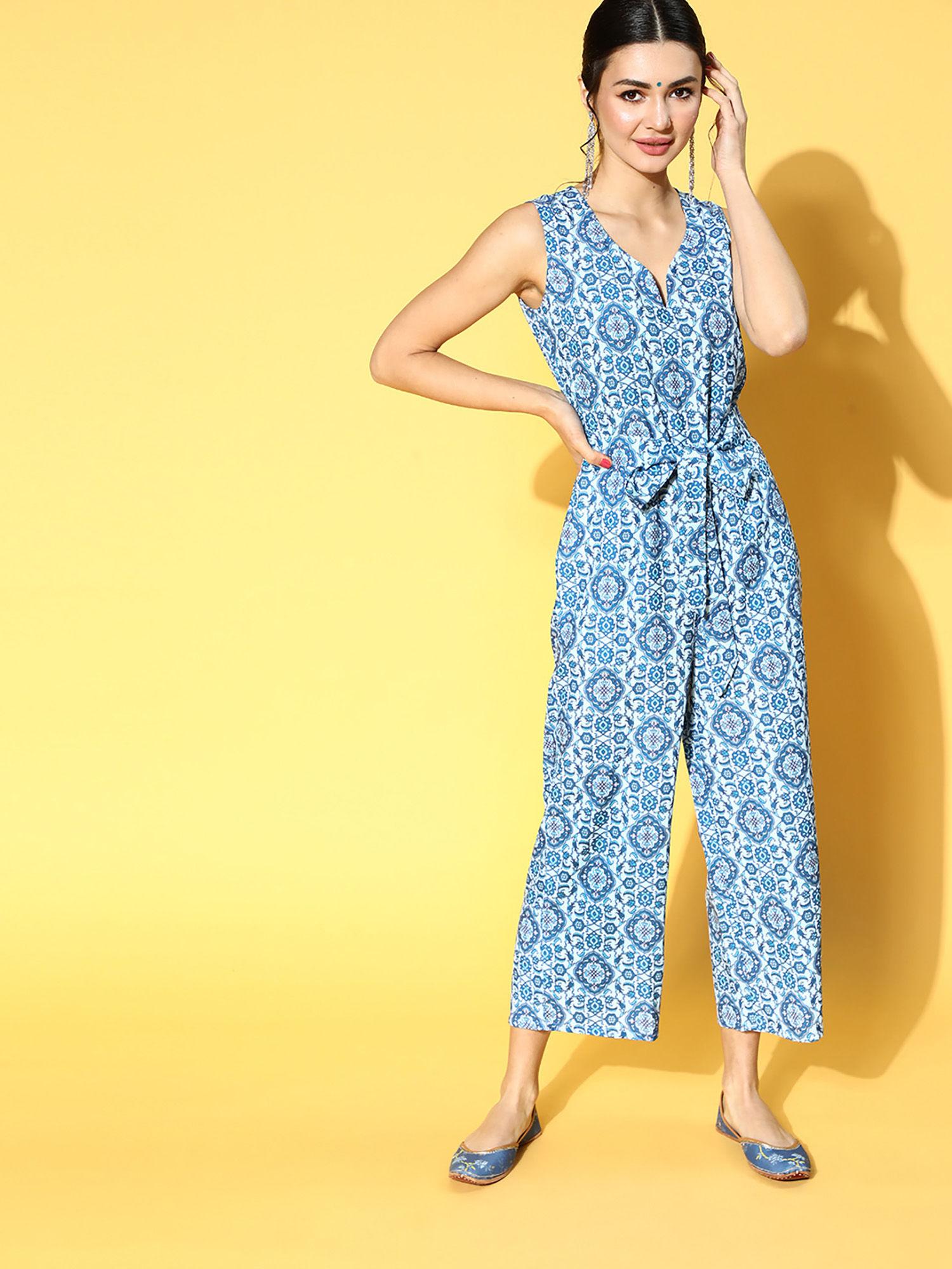 blue colour digital print basic jumpsuit